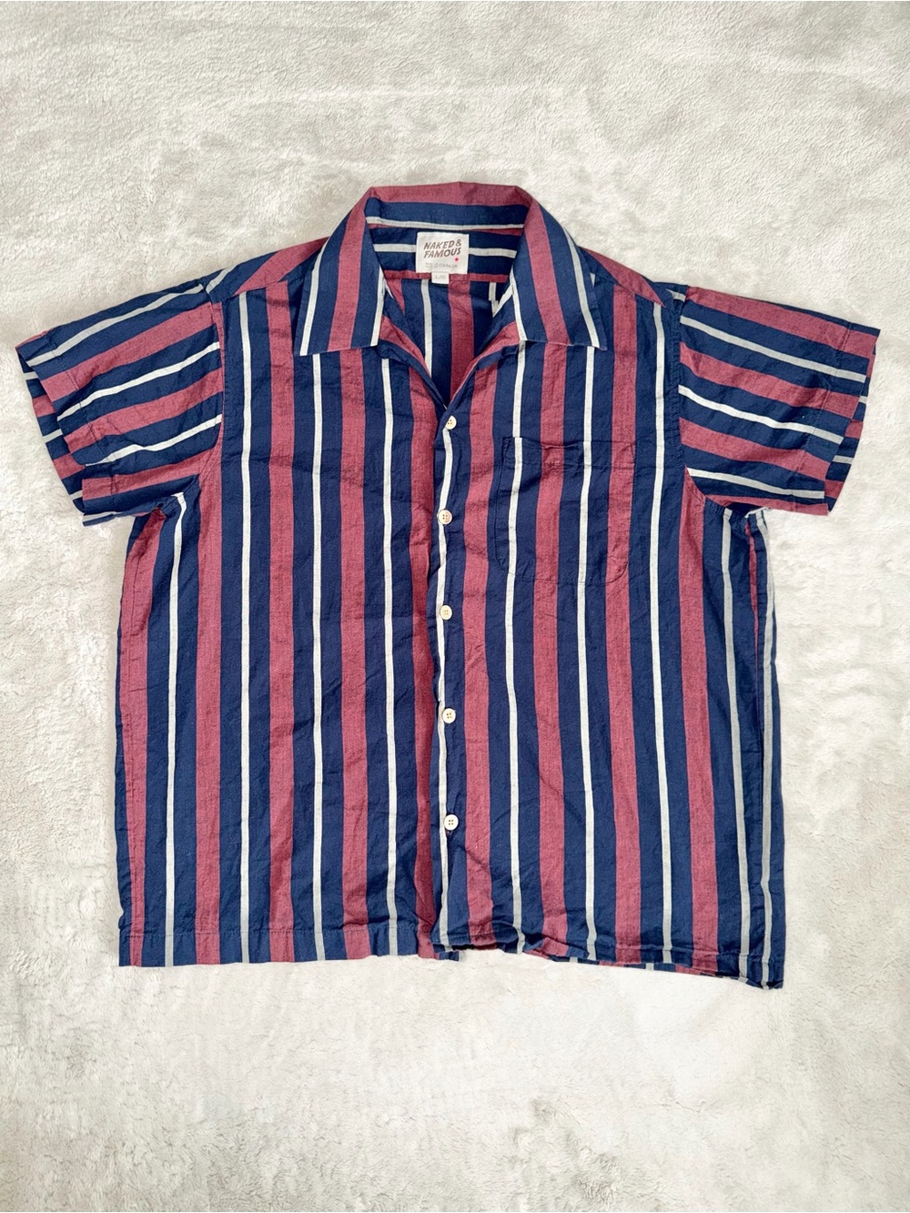 Men's Short Sleeve Button-Up Shirt - Navy & Maroon Stripe